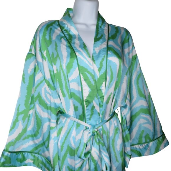Diane Von Furstenberg Womens Long Robe L Green Blue Zebra Disco Recycled Poly - Picture 4 of 11